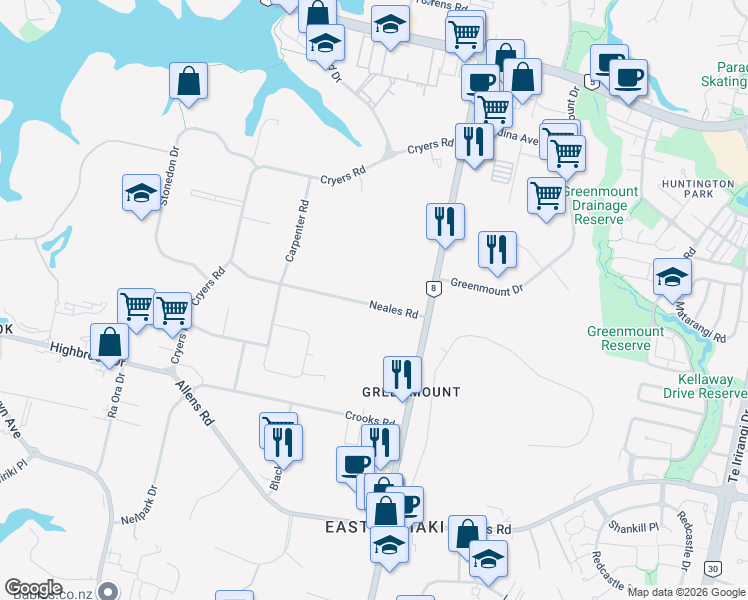 map of restaurants, bars, coffee shops, grocery stores, and more near 11b Neales Road in Auckland
