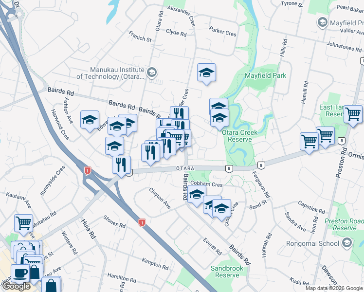 map of restaurants, bars, coffee shops, grocery stores, and more near 127 Bairds Road in Auckland