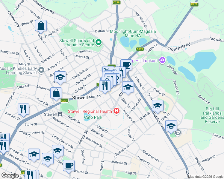 map of restaurants, bars, coffee shops, grocery stores, and more near 102 Main Street in Stawell