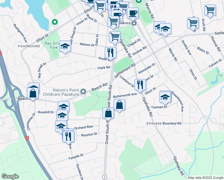map of restaurants, bars, coffee shops, grocery stores, and more near 330 Great South Road in Papakura