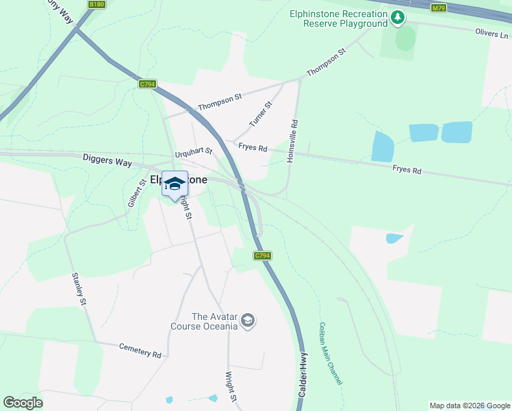 map of restaurants, bars, coffee shops, grocery stores, and more near Calder Highway in Elphinstone