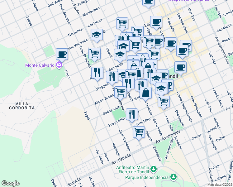 map of restaurants, bars, coffee shops, grocery stores, and more near 1 Pinto in Tandil
