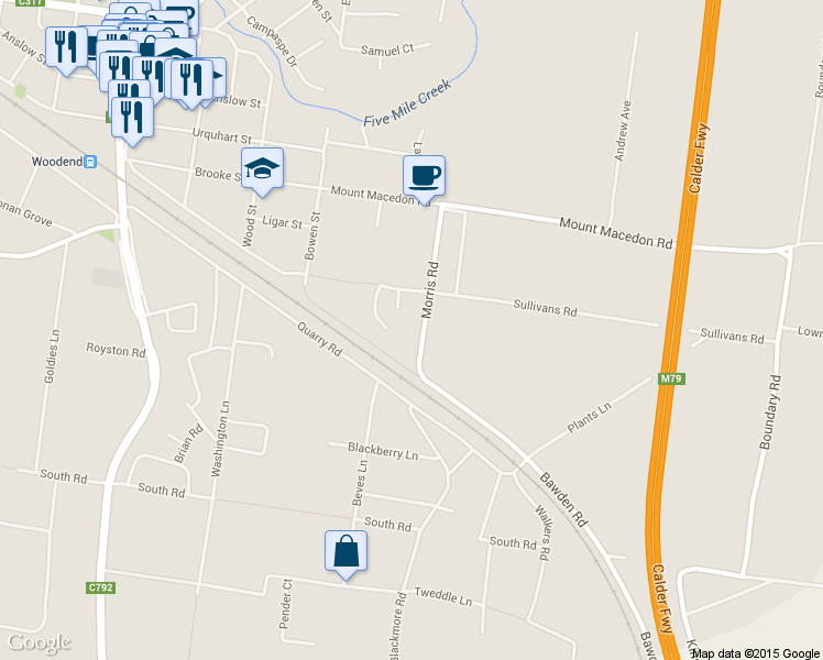 map of restaurants, bars, coffee shops, grocery stores, and more near 9 Morris Road in Woodend