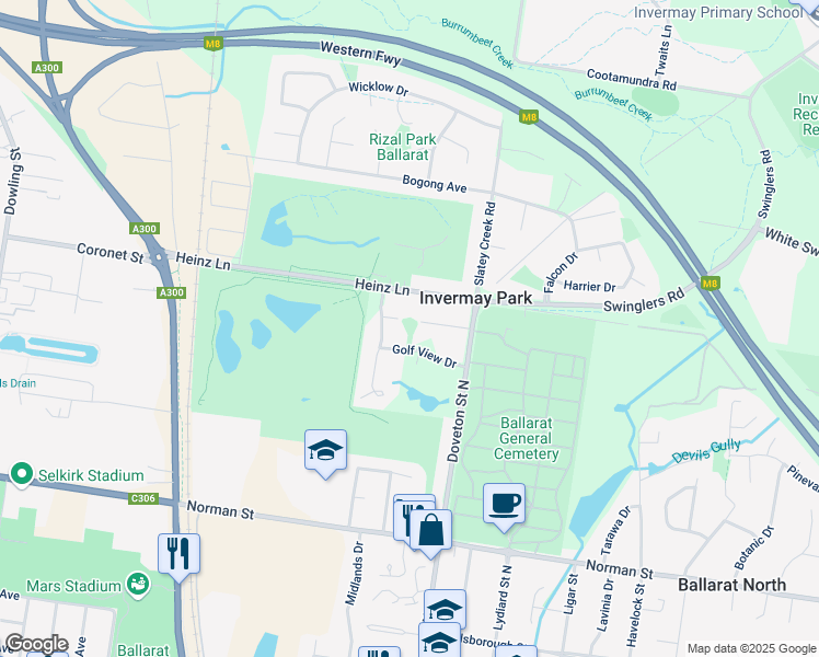 map of restaurants, bars, coffee shops, grocery stores, and more near 18 Lemuela Court in Invermay Park