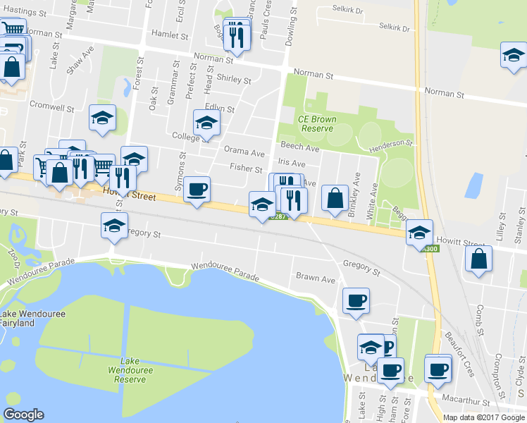 map of restaurants, bars, coffee shops, grocery stores, and more near Howitt Street in Wendouree