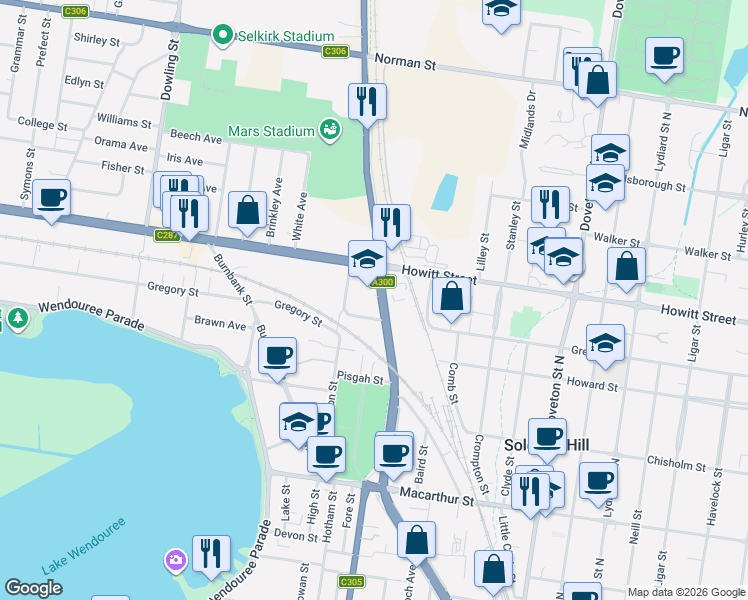 map of restaurants, bars, coffee shops, grocery stores, and more near 607 Creswick Road in Wendouree