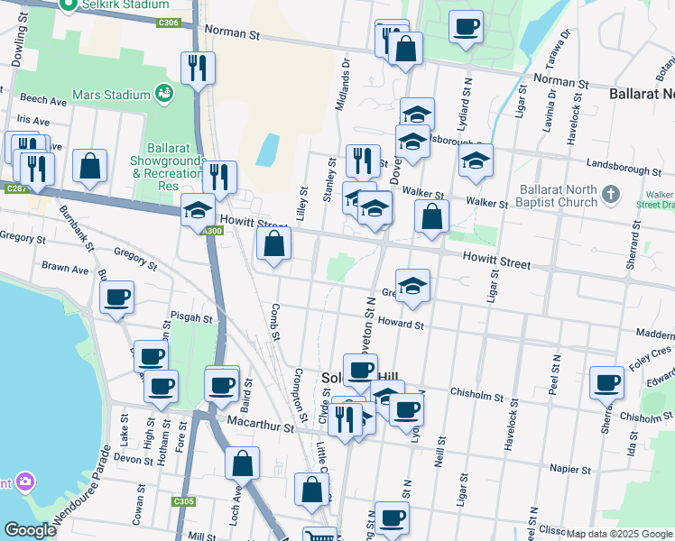 map of restaurants, bars, coffee shops, grocery stores, and more near Gregory Street in Soldiers Hill