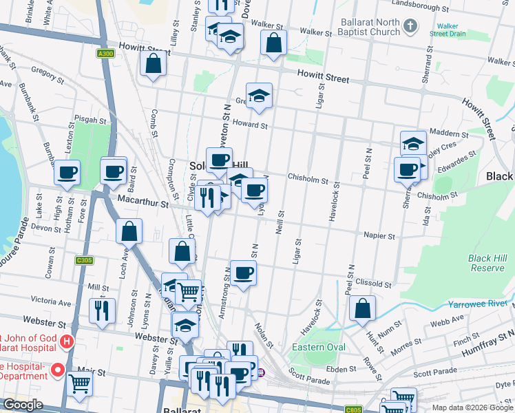 map of restaurants, bars, coffee shops, grocery stores, and more near 503 Lydiard Street North in Soldiers Hill