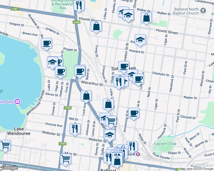 map of restaurants, bars, coffee shops, grocery stores, and more near Macarthur Street in Ballarat City
