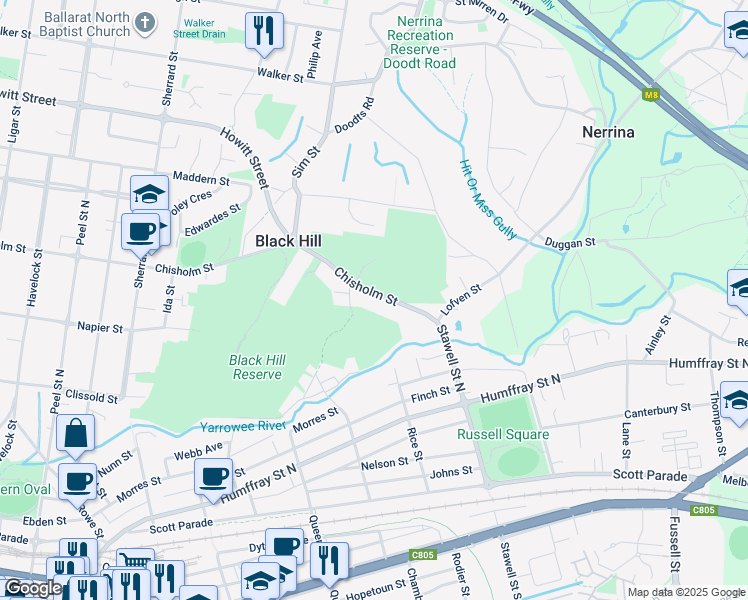 map of restaurants, bars, coffee shops, grocery stores, and more near 834A Chisholm Street in Black Hill