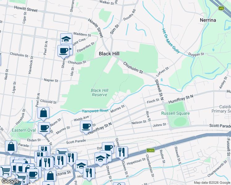 map of restaurants, bars, coffee shops, grocery stores, and more near 25 Whitefield Street in Black Hill