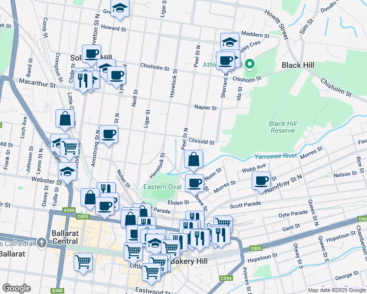 map of restaurants, bars, coffee shops, grocery stores, and more near Peel Street North in Ballarat City