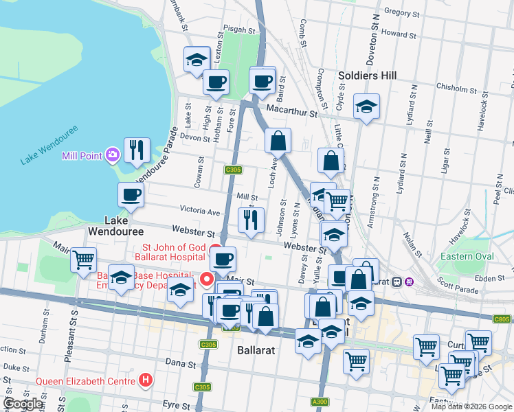 map of restaurants, bars, coffee shops, grocery stores, and more near 18 Frank Street in Ballarat