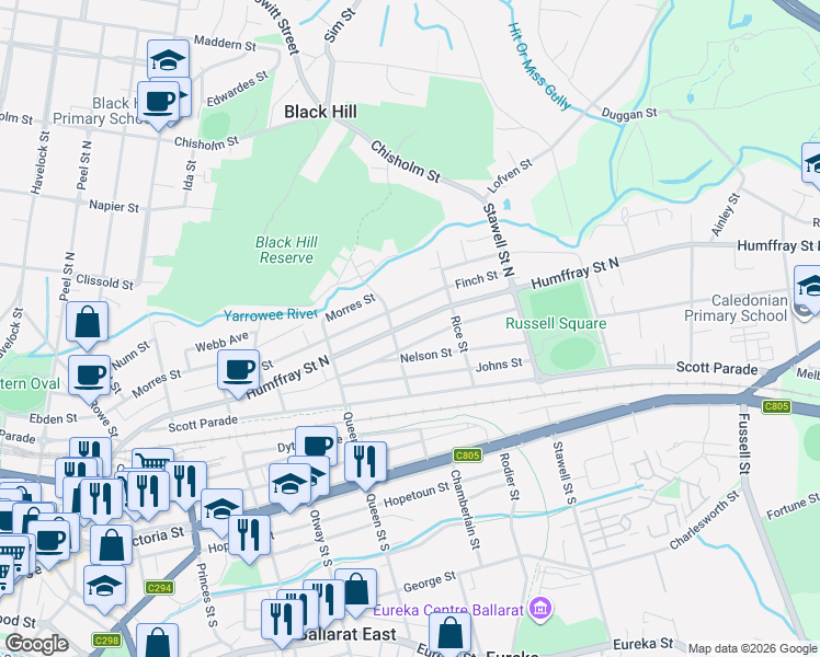 map of restaurants, bars, coffee shops, grocery stores, and more near 184 Humffray Street North in Ballarat East