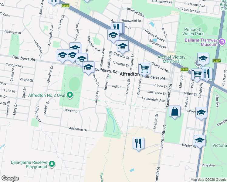 map of restaurants, bars, coffee shops, grocery stores, and more near 5 Colonial Court in Alfredton