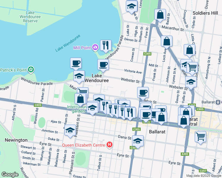 map of restaurants, bars, coffee shops, grocery stores, and more near 1200 Mair Street in Lake Wendouree