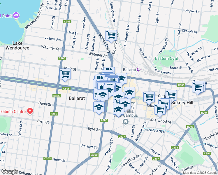 map of restaurants, bars, coffee shops, grocery stores, and more near in Ballarat Central