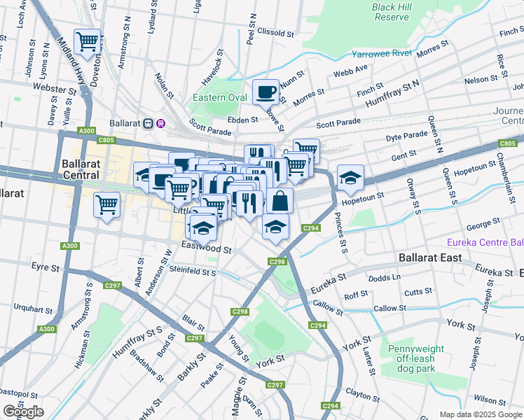 map of restaurants, bars, coffee shops, grocery stores, and more near in Bakery Hill