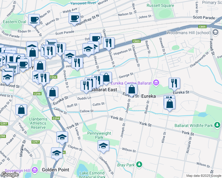 map of restaurants, bars, coffee shops, grocery stores, and more near 313 Eureka Street in Ballarat East