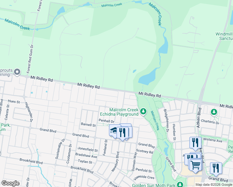 map of restaurants, bars, coffee shops, grocery stores, and more near 64 Bluebell Drive in Craigieburn