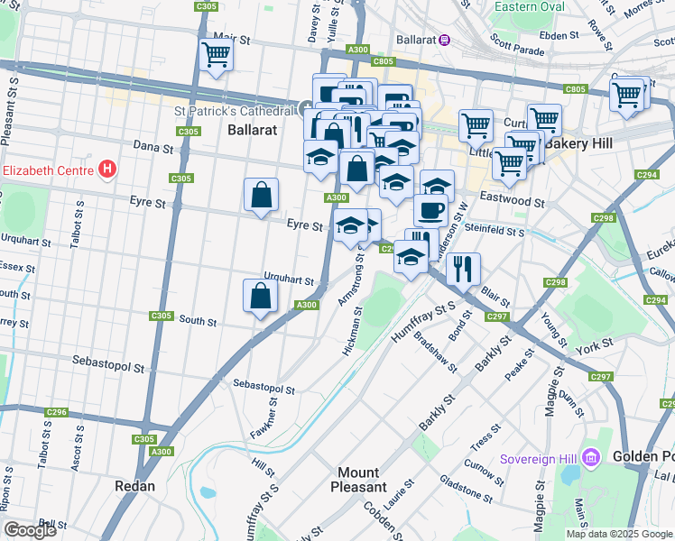 map of restaurants, bars, coffee shops, grocery stores, and more near 22 Skipton Street in Ballarat Central
