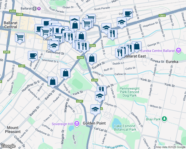 map of restaurants, bars, coffee shops, grocery stores, and more near 207 Main Road in Golden Point