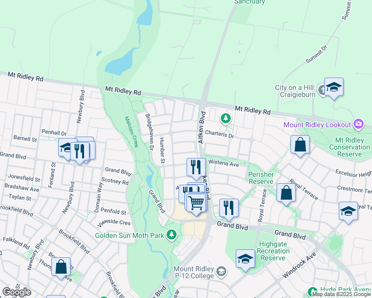 map of restaurants, bars, coffee shops, grocery stores, and more near 13 Kensley Circuit in Craigieburn