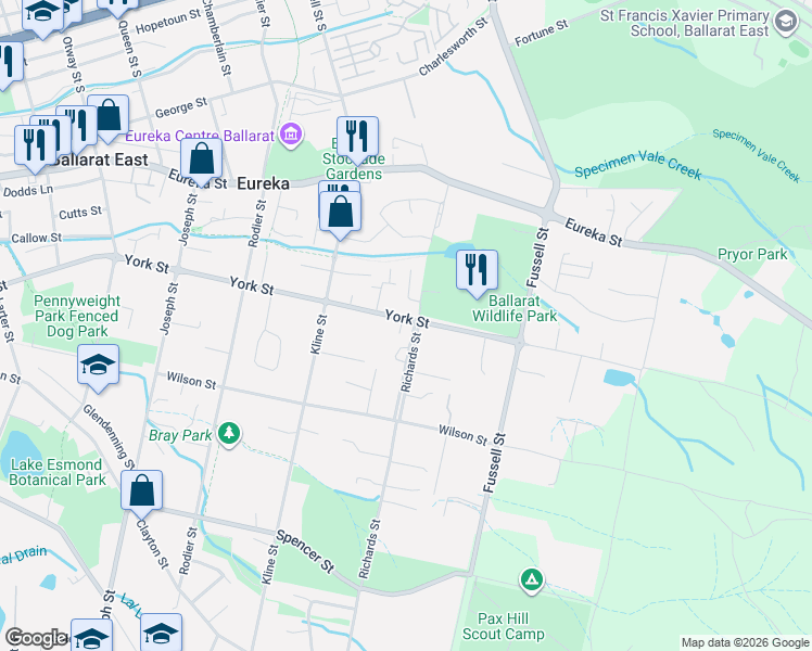 map of restaurants, bars, coffee shops, grocery stores, and more near 636 York Street in Ballarat East