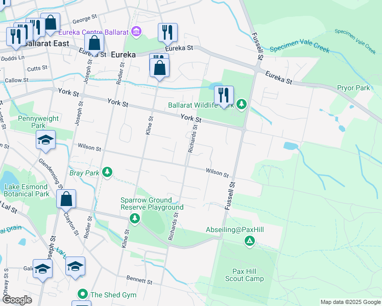map of restaurants, bars, coffee shops, grocery stores, and more near 327 Richards Street in Ballarat East