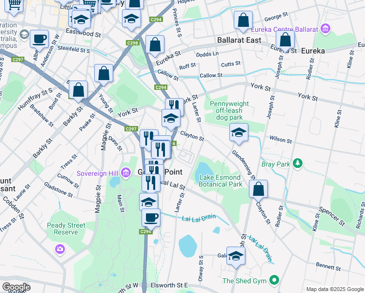 map of restaurants, bars, coffee shops, grocery stores, and more near 108 Clayton Street in Golden Point