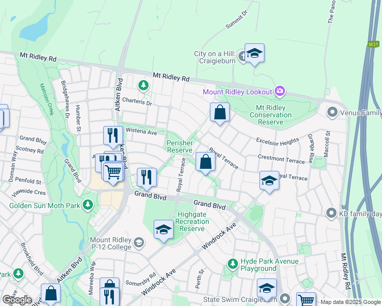 map of restaurants, bars, coffee shops, grocery stores, and more near 92 Royal Terrace in Craigieburn