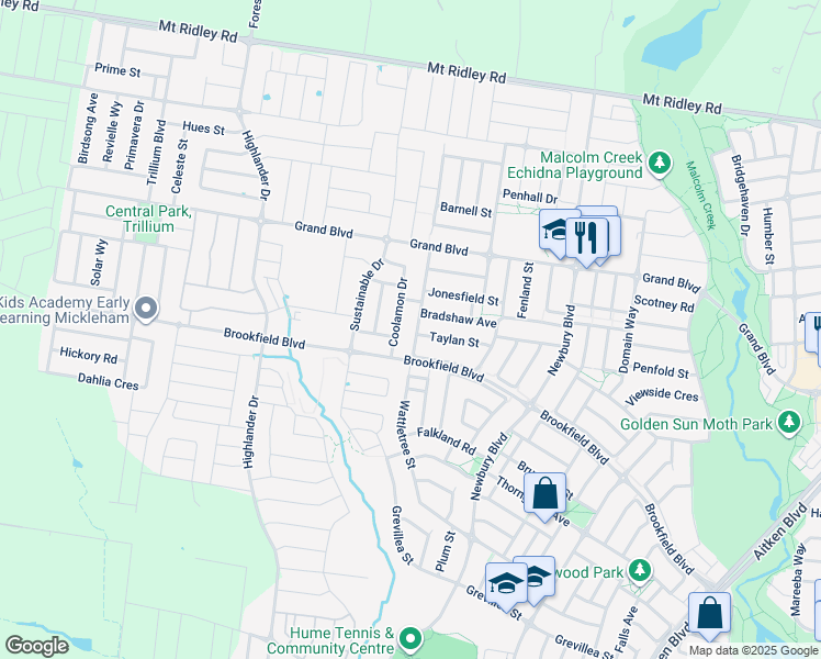 map of restaurants, bars, coffee shops, grocery stores, and more near 89 Moor Park Drive in Craigieburn
