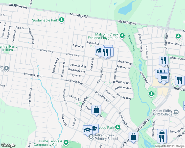 map of restaurants, bars, coffee shops, grocery stores, and more near 20 Rainham Avenue in Craigieburn