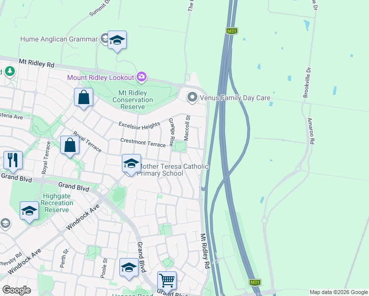 map of restaurants, bars, coffee shops, grocery stores, and more near 13 Grange Rise in Craigieburn
