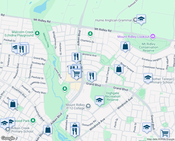 map of restaurants, bars, coffee shops, grocery stores, and more near 17 Arapiles Avenue in Craigieburn