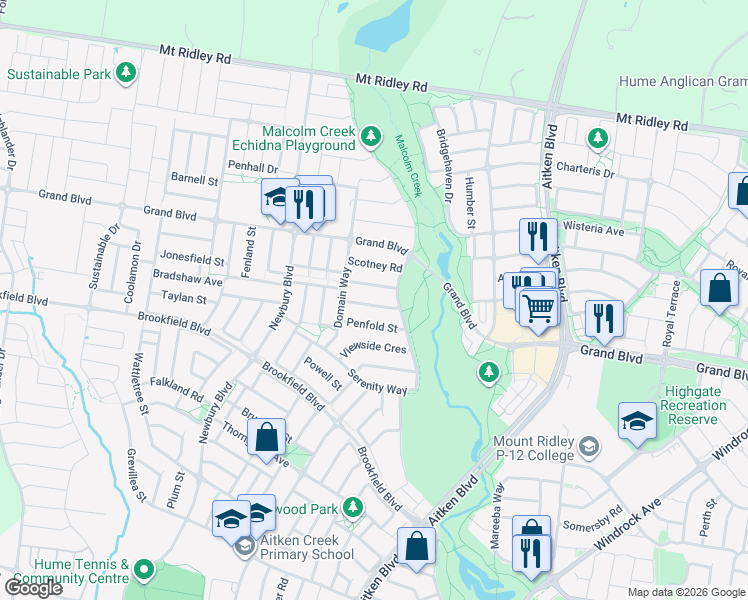map of restaurants, bars, coffee shops, grocery stores, and more near 15 Bottlebrush Road in Craigieburn
