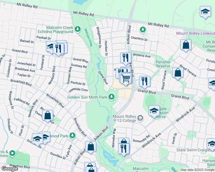 map of restaurants, bars, coffee shops, grocery stores, and more near 335 Grand Boulevard in Craigieburn
