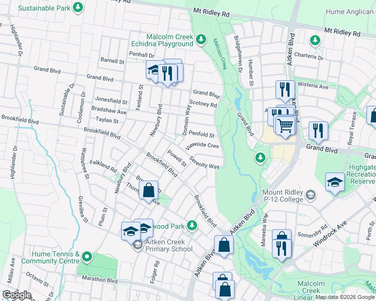 map of restaurants, bars, coffee shops, grocery stores, and more near 29 Serenity Way in Craigieburn