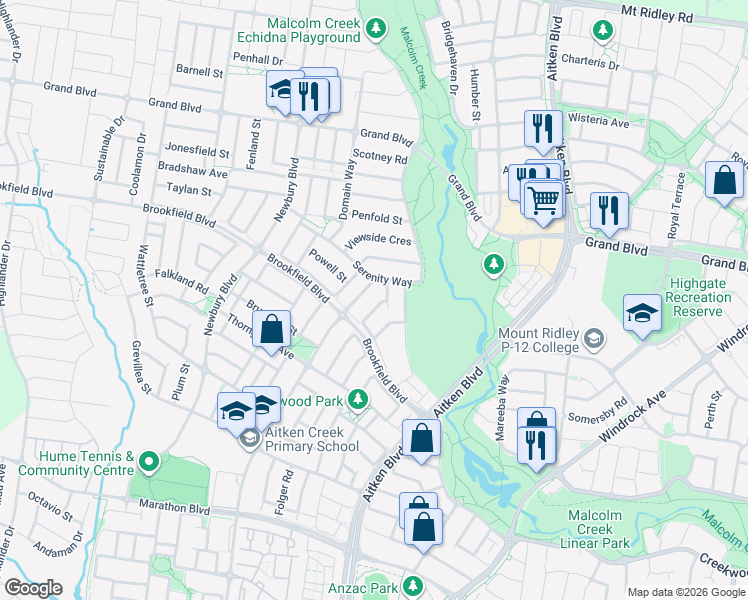map of restaurants, bars, coffee shops, grocery stores, and more near 12 Rockwall Drive in Craigieburn