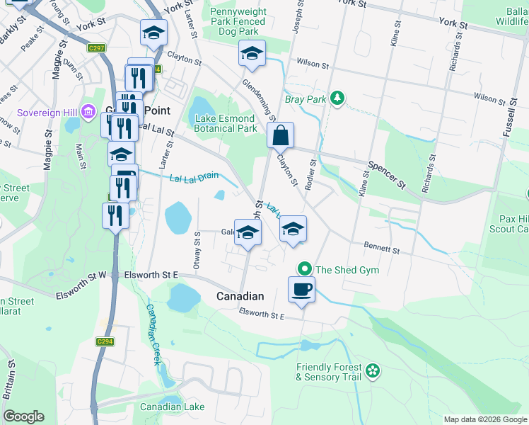 map of restaurants, bars, coffee shops, grocery stores, and more near 301 Lal Lal Street in Canadian