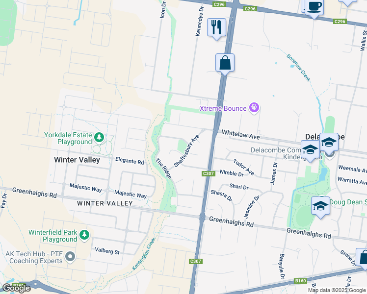 map of restaurants, bars, coffee shops, grocery stores, and more near in Delacombe