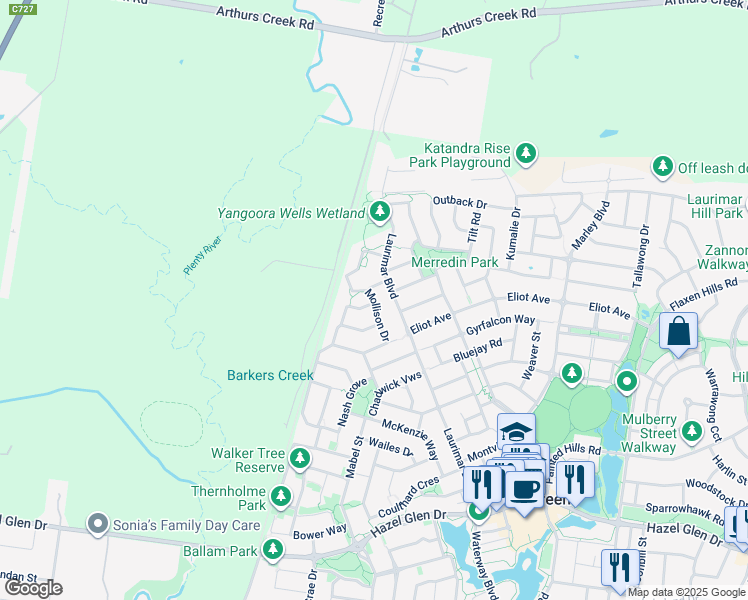 map of restaurants, bars, coffee shops, grocery stores, and more near Mollison Drive in Doreen