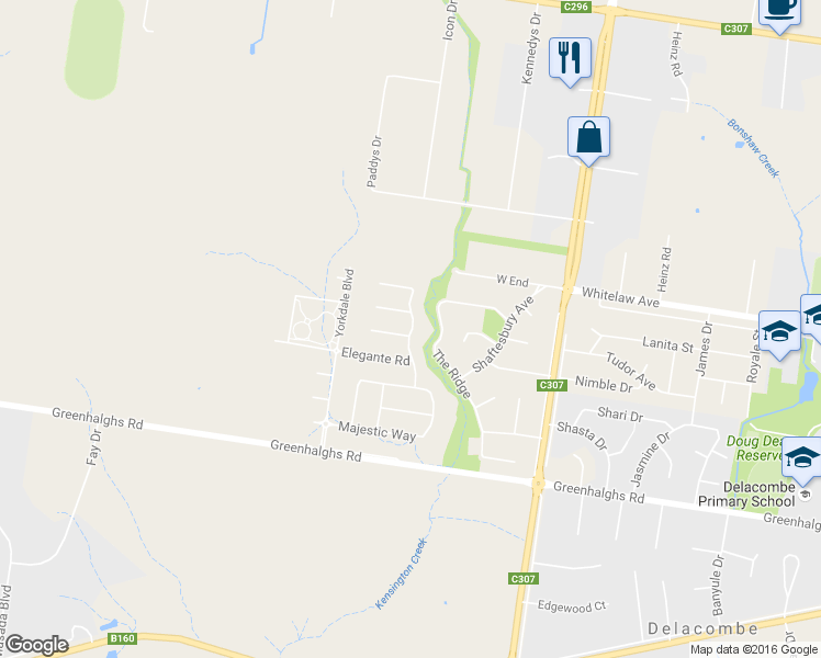 map of restaurants, bars, coffee shops, grocery stores, and more near Majestic Drive in Delacombe