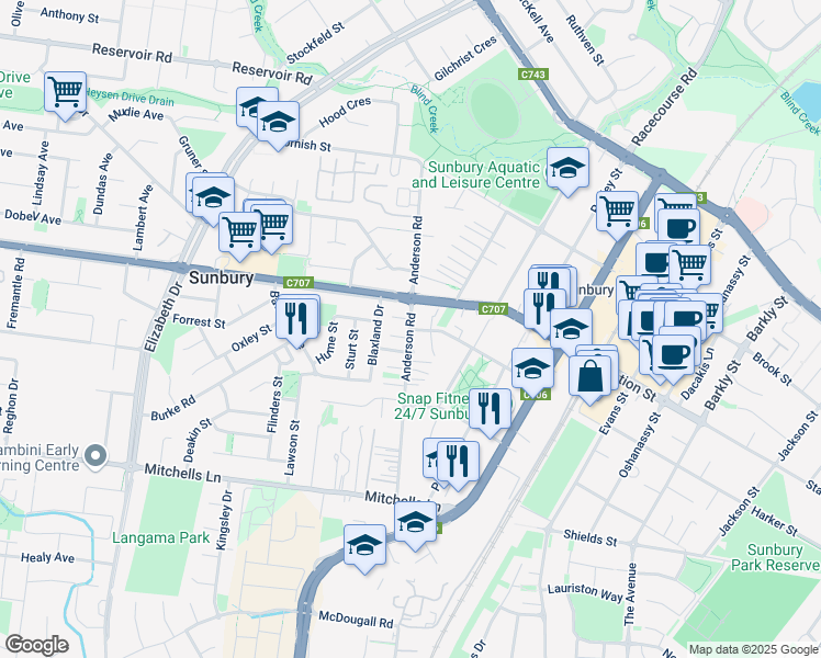 map of restaurants, bars, coffee shops, grocery stores, and more near 68 Anderson Road in Sunbury