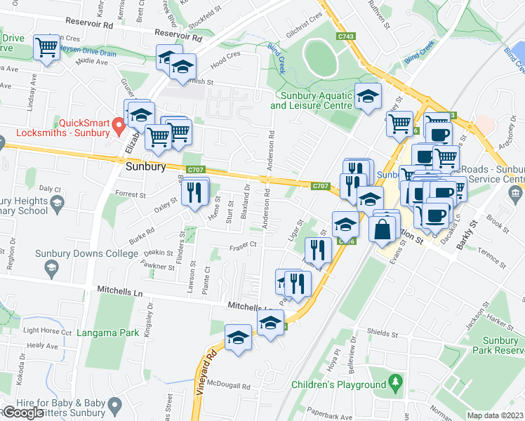 map of restaurants, bars, coffee shops, grocery stores, and more near 68 Anderson Road in Sunbury