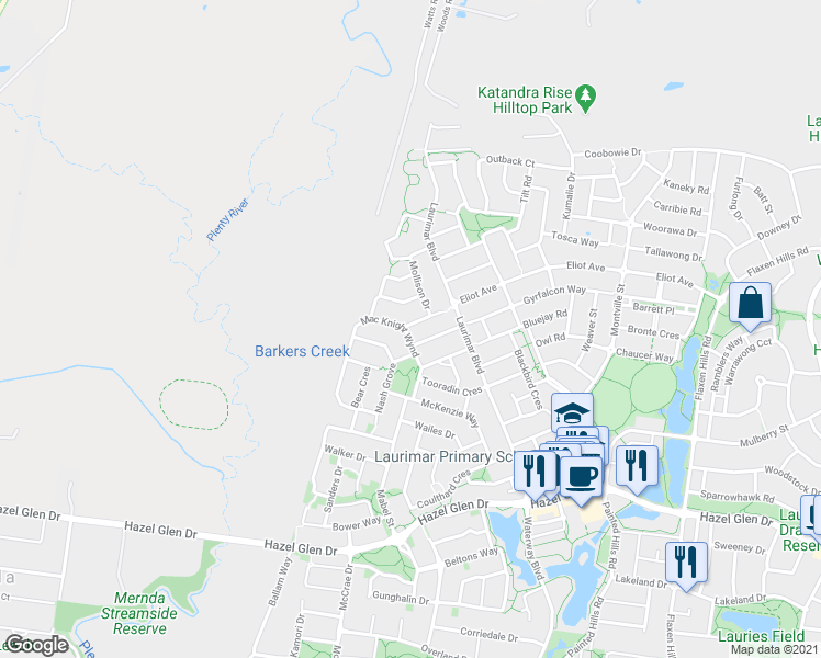 map of restaurants, bars, coffee shops, grocery stores, and more near 55 Mac Knight Wynd in Doreen