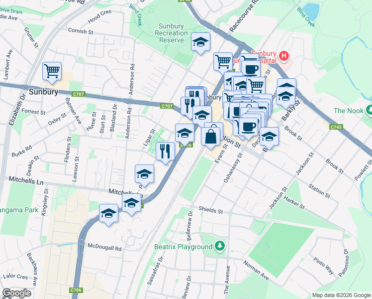 map of restaurants, bars, coffee shops, grocery stores, and more near 73-75 Horne Street in Sunbury