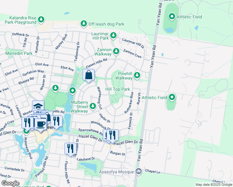 map of restaurants, bars, coffee shops, grocery stores, and more near 20 Landano Way in Doreen