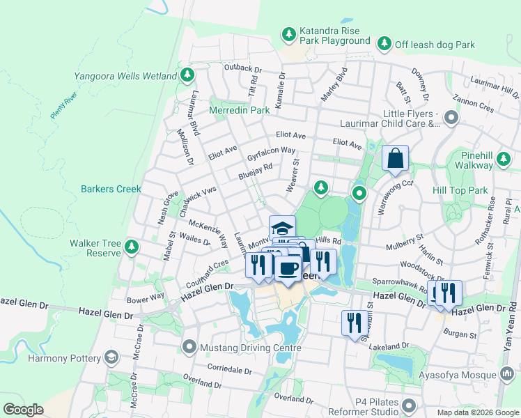 map of restaurants, bars, coffee shops, grocery stores, and more near Laggar Link in Doreen