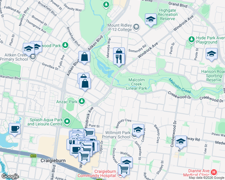 map of restaurants, bars, coffee shops, grocery stores, and more near 217 Windrock Avenue in Craigieburn